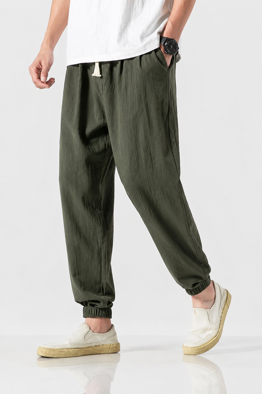 Léon | Pantalon Lantern Homme Coton Lin Été - Vert Olive