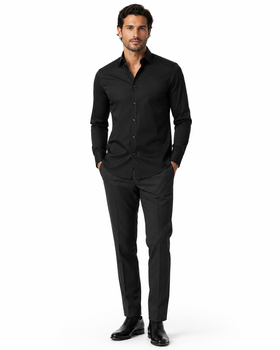 Léo | Chemise Homme Extensible Coupe Slim Infroissable - Noir