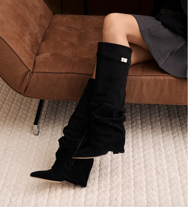 Valentina | Bottes Hautes en Daim à Boucle - Noir