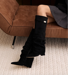 Valentina | Bottes Hautes en Daim à Boucle - Noir