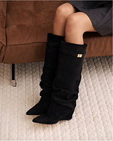 Valentina | Bottes Hautes en Daim à Boucle - Noir