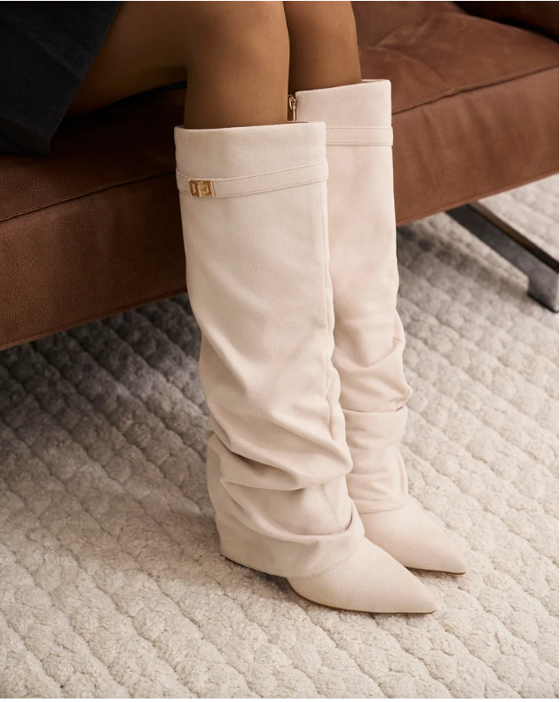 Valentina | Bottes Hautes en Daim à Boucle - Crème