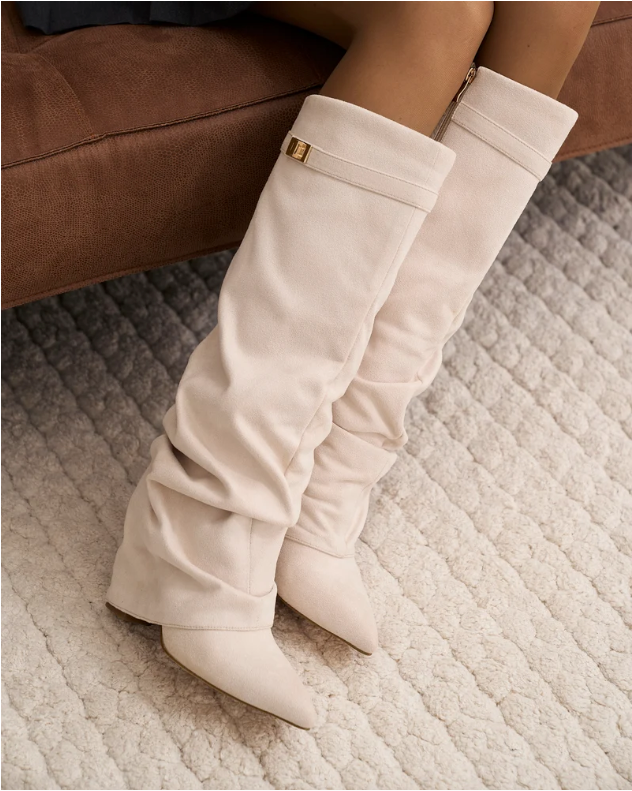 Valentina | Bottes Hautes en Daim à Boucle - Crème