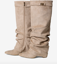 Valentina | Bottes Hautes en Daim à Boucle - Beige