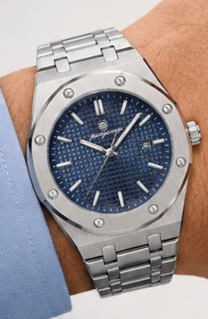 Victor | Montre Homme Carrée en Acier - Argenté & Bleu