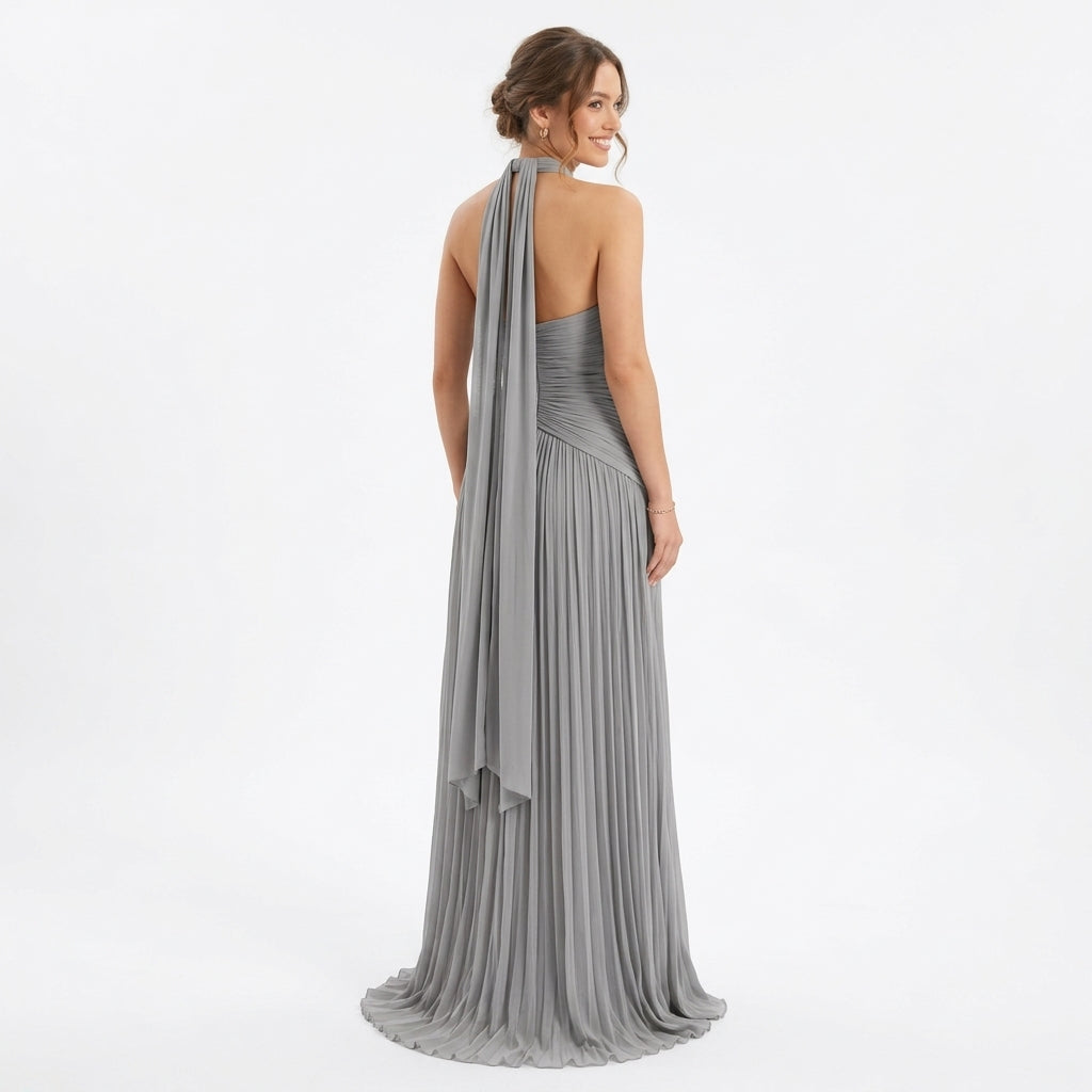 Céleste | Robe Longue Satinée Col V - Gris