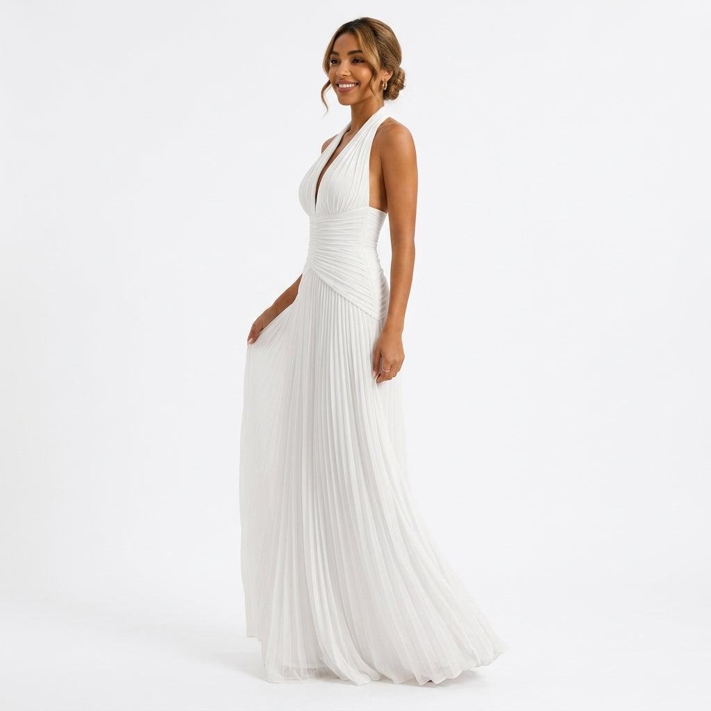 Céleste | Robe Longue Satinée Col V - Blanc