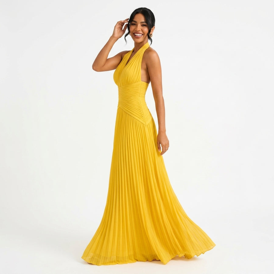 Céleste | Robe Longue Satinée Col V - Jaune