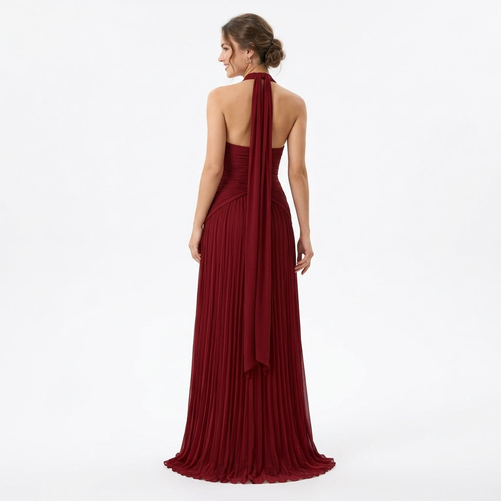 Céleste | Robe Longue Satinée Col V - Rouge