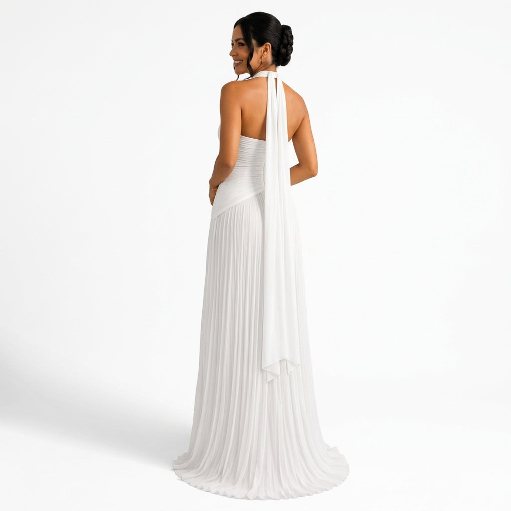 Céleste | Robe Longue Satinée Col V - Blanc