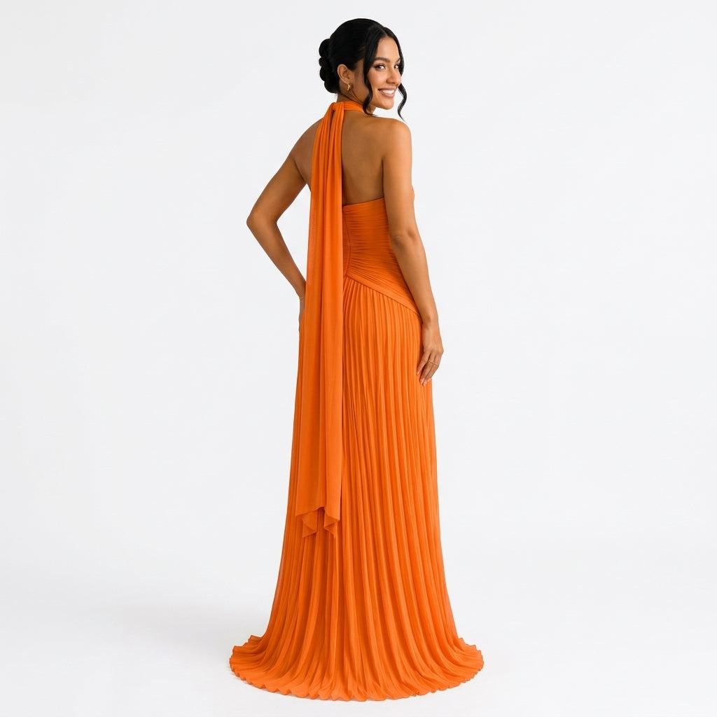 Céleste | Robe Longue Satinée Col V - Orange