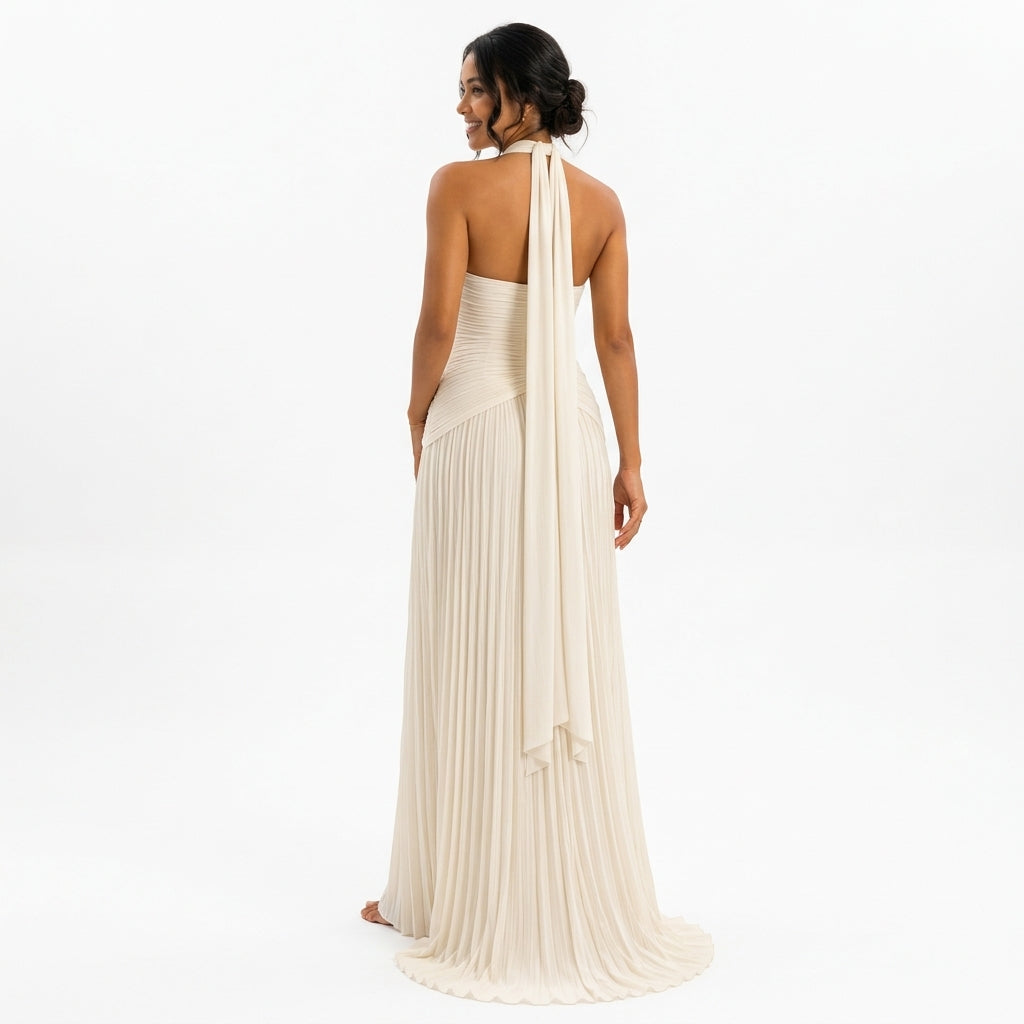 Céleste | Robe Longue Satinée Col V - Ivoire