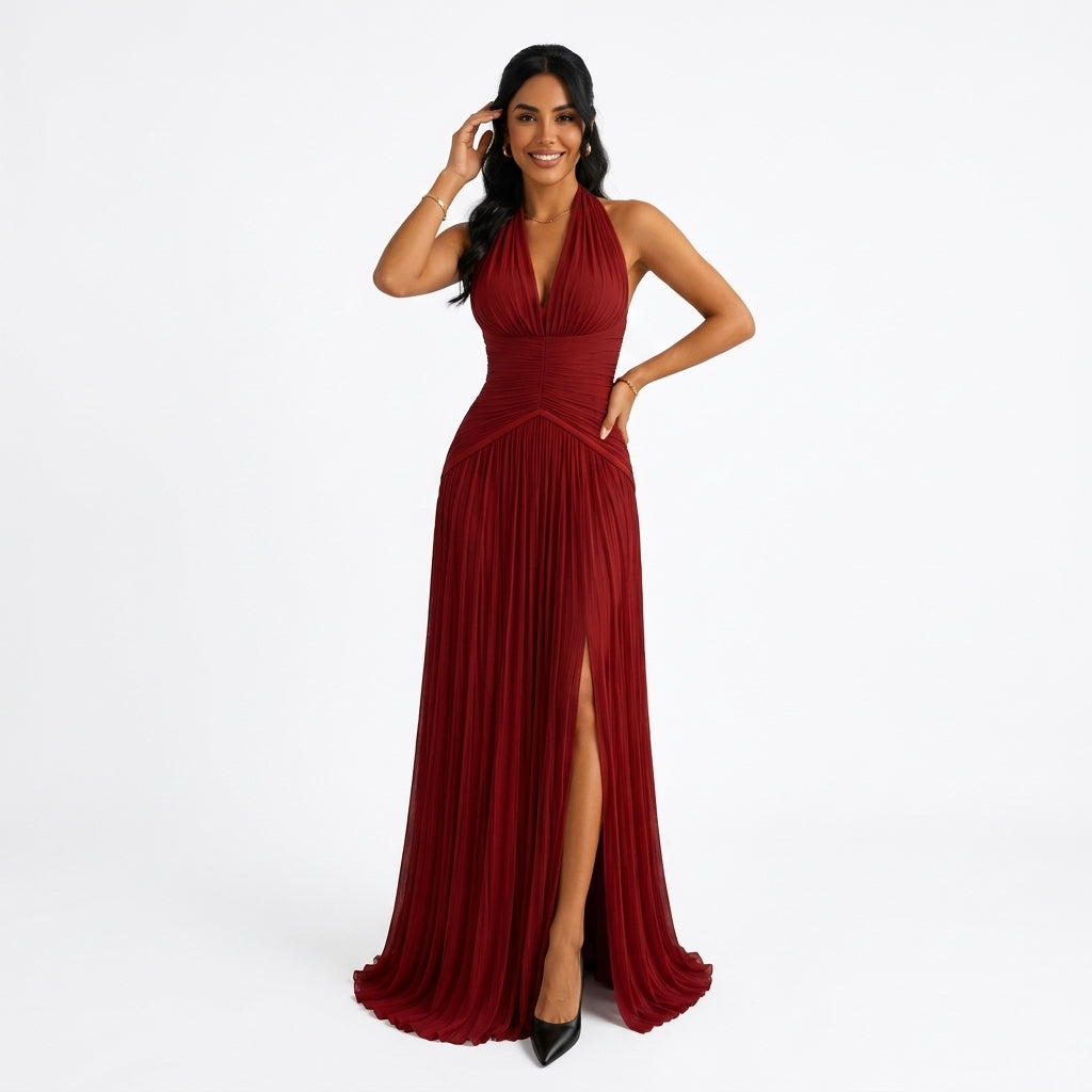 Céleste | Robe Longue Satinée Col V - Rouge