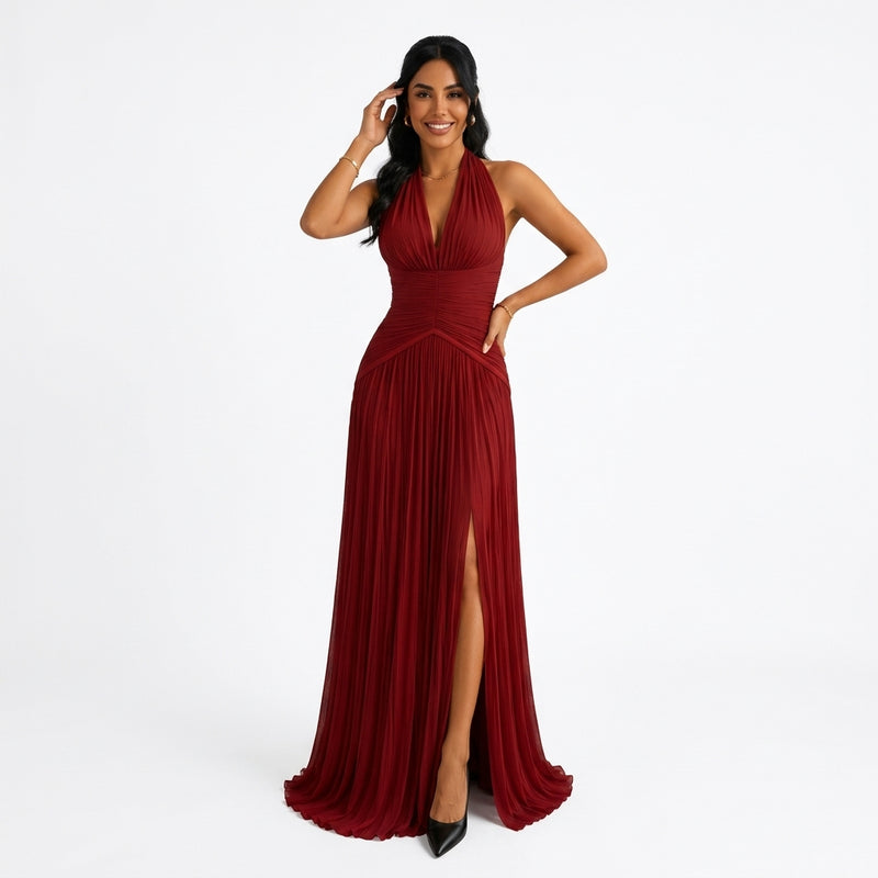 Céleste | Robe Longue Satinée Col V - Rouge