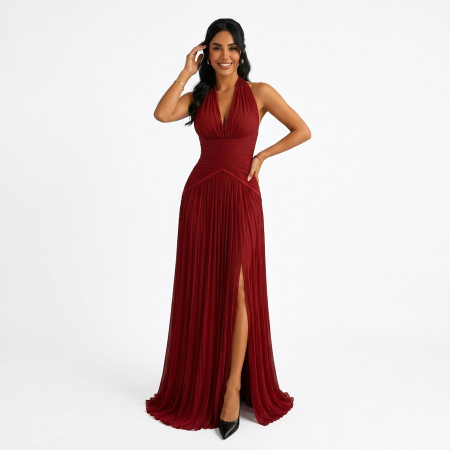 Céleste | Robe Longue Satinée Col V - Rouge