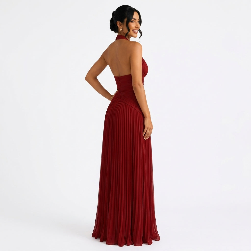 Céleste | Robe Longue Satinée Col V - Rouge