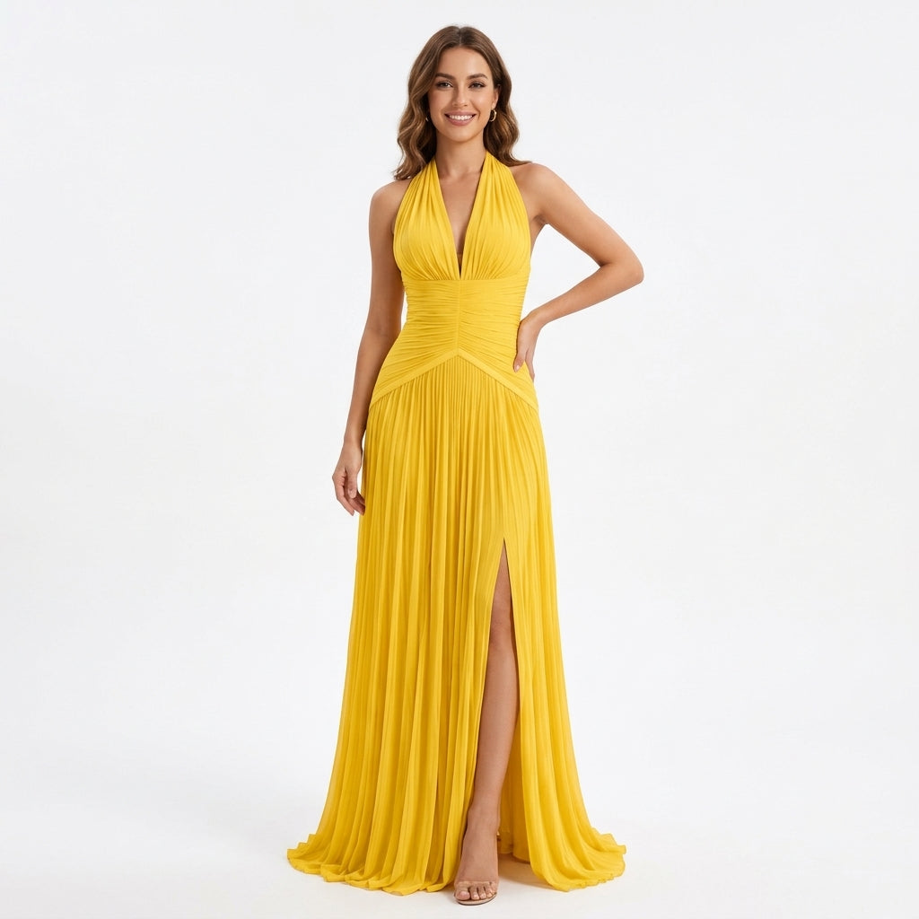 Céleste | Robe Longue Satinée Col V - Jaune