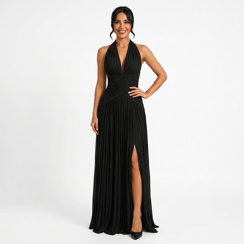 Céleste | Robe Longue Satinée Col V - Noir