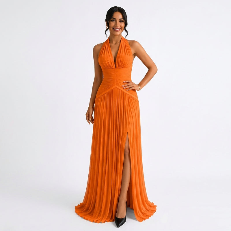 Céleste | Robe Longue Satinée Col V - Orange