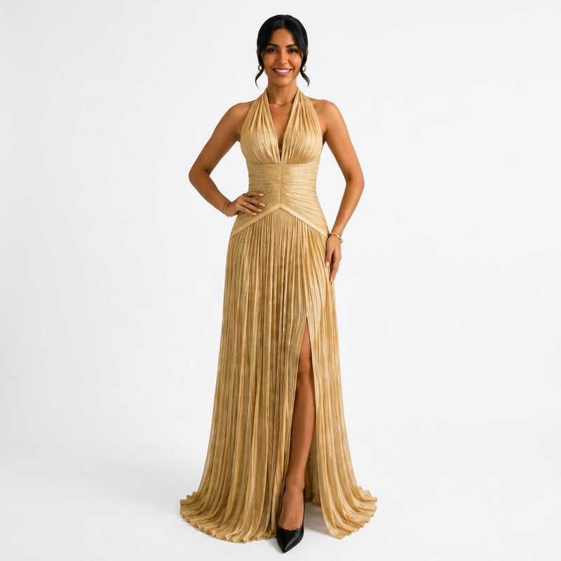 Céleste | Robe Longue Satinée Col V - Doré