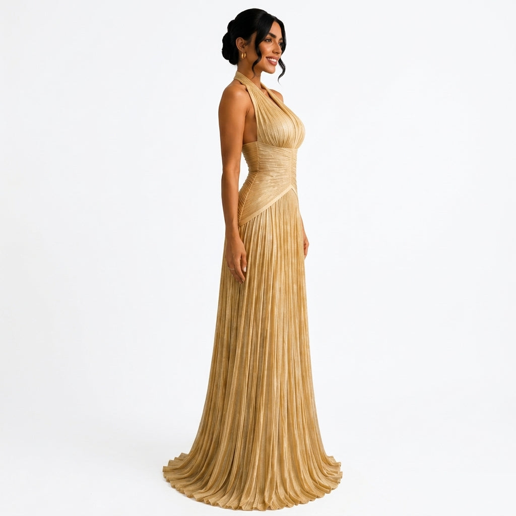 Céleste | Robe Longue Satinée Col V - Doré