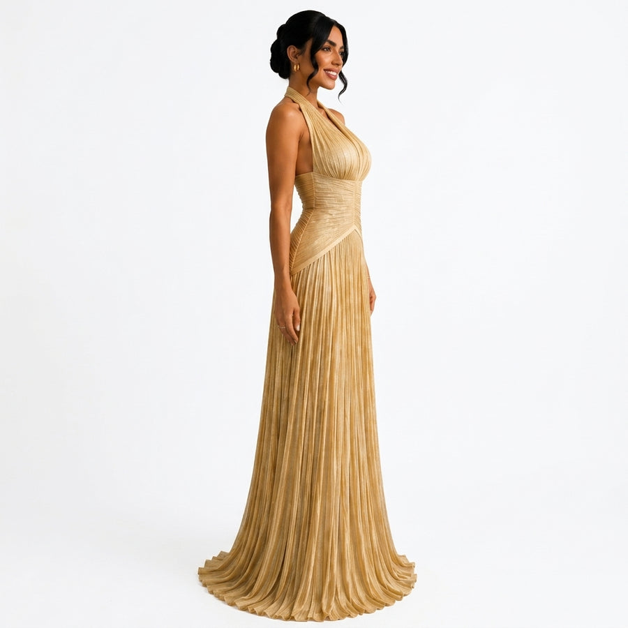 Céleste | Robe Longue Satinée Col V - Doré
