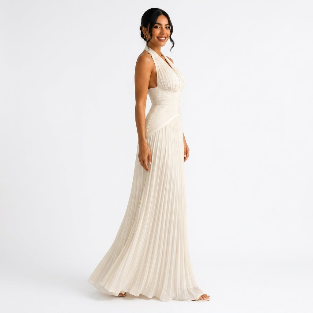 Céleste | Robe Longue Satinée Col V - Ivoire
