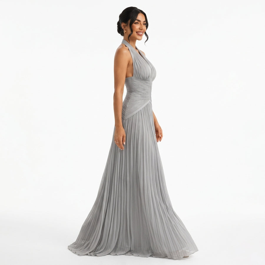 Céleste | Robe Longue Satinée Col V - Gris