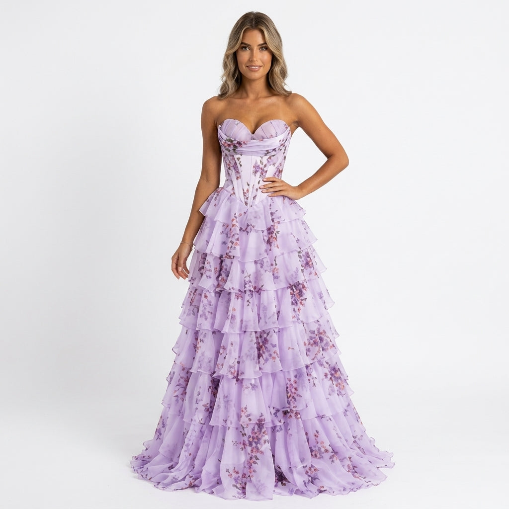 Flora | Robe Longue Florale Plissée - Lavande Florale