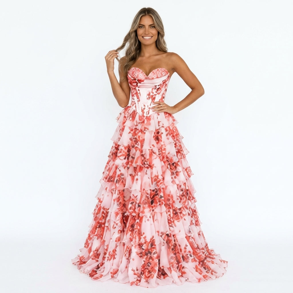 Flora | Robe Longue Florale Plissée - Corail Floral