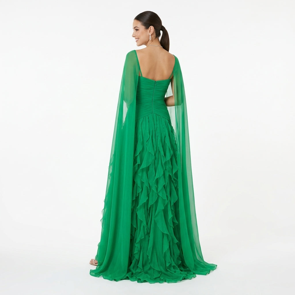 Éloïse | Robe de Soirée en Mousseline à Volants - Vert