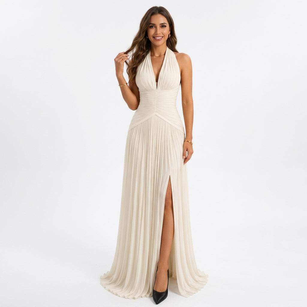 Céleste | Robe Longue Satinée Col V - Ivoire