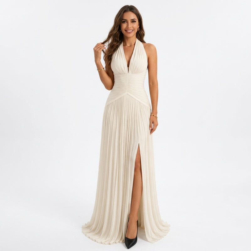Céleste | Robe Longue Satinée Col V - Ivoire