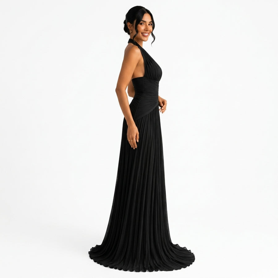 Céleste | Robe Longue Satinée Col V - Noir