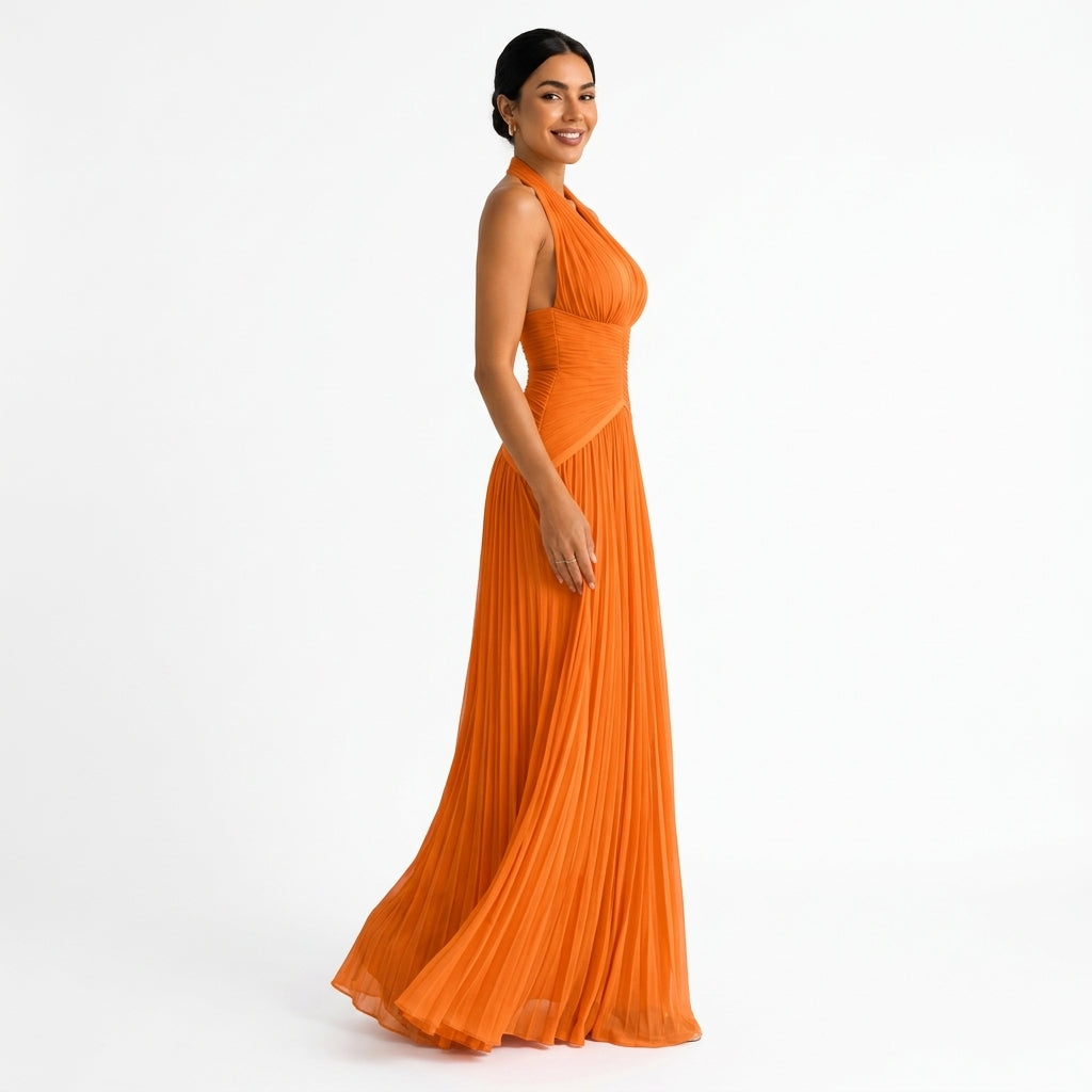 Céleste | Robe Longue Satinée Col V - Orange