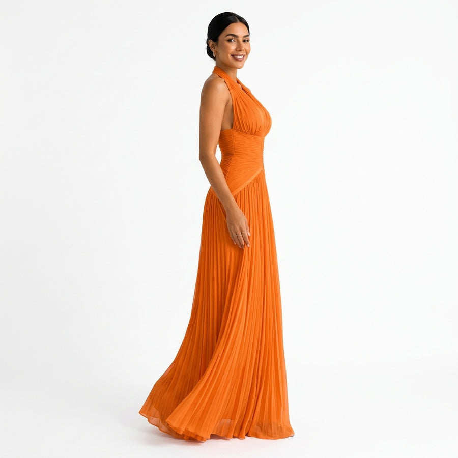 Céleste | Robe Longue Satinée Col V - Orange