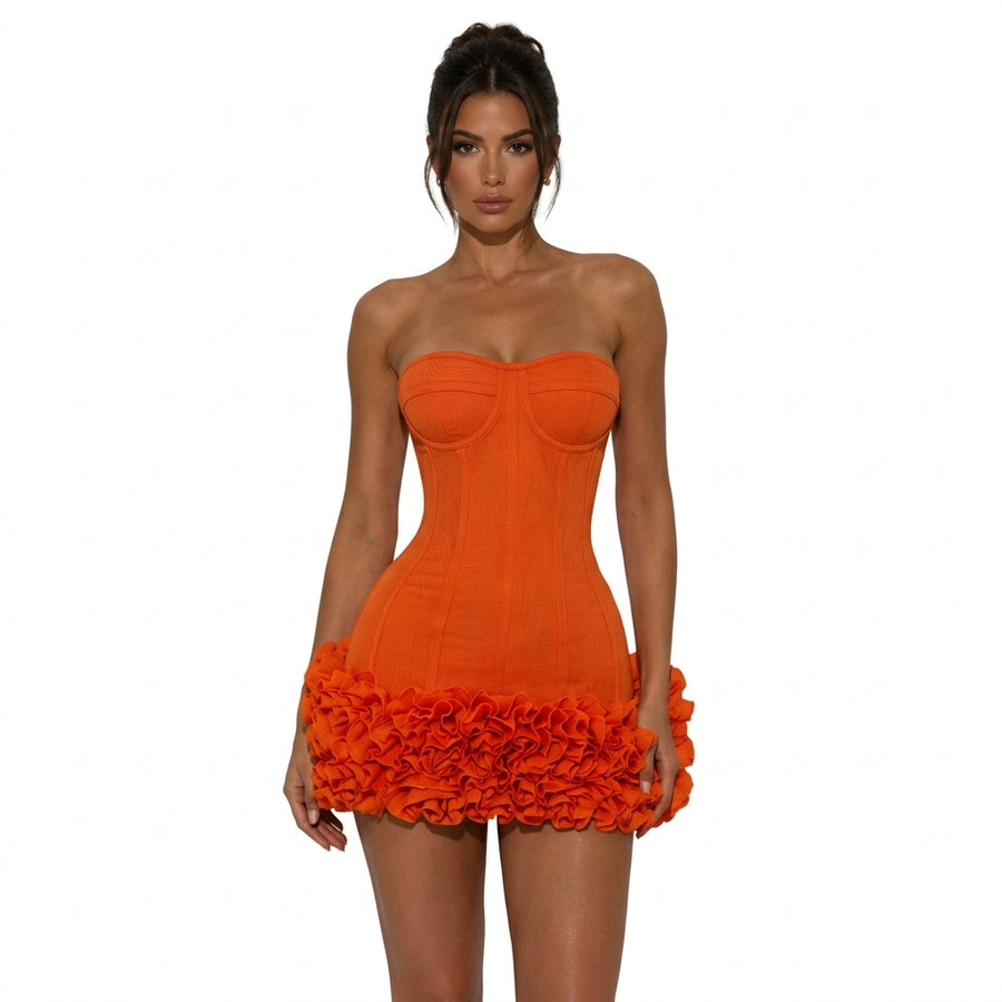 Élise | Robe Mini Bustier Fleurie - Orange