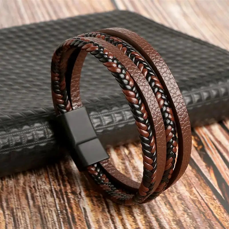 Tao | Bracelet Homme Cuir Tressé Multi-rangs - Bicolore Marron Noir