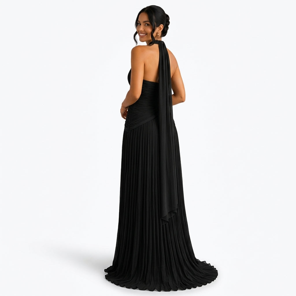 Céleste | Robe Longue Satinée Col V - Noir