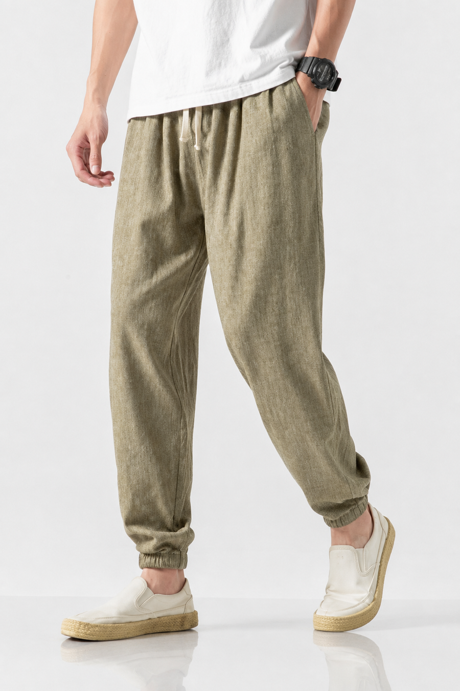 Léon | Pantalon Lantern Homme Coton Lin Été - Kaki