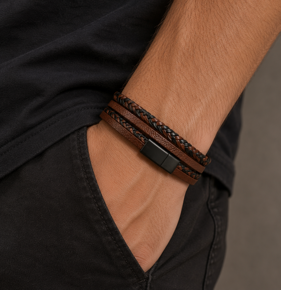 Tao | Bracelet Homme Cuir Tressé Multi-rangs - Bicolore Marron Noir