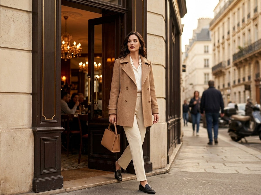 Femme élégante marchant dans une rue de Paris